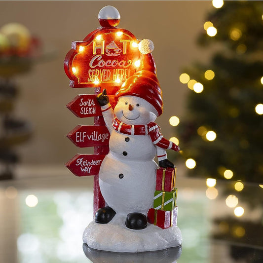 Christmas Snowman Decor with Hot Cocoa Signpost Christmas Figurines Resin Snowman Lighted Decorations LED Holiday Light up Snowman Indoor Festive Fiber Optic Decorations